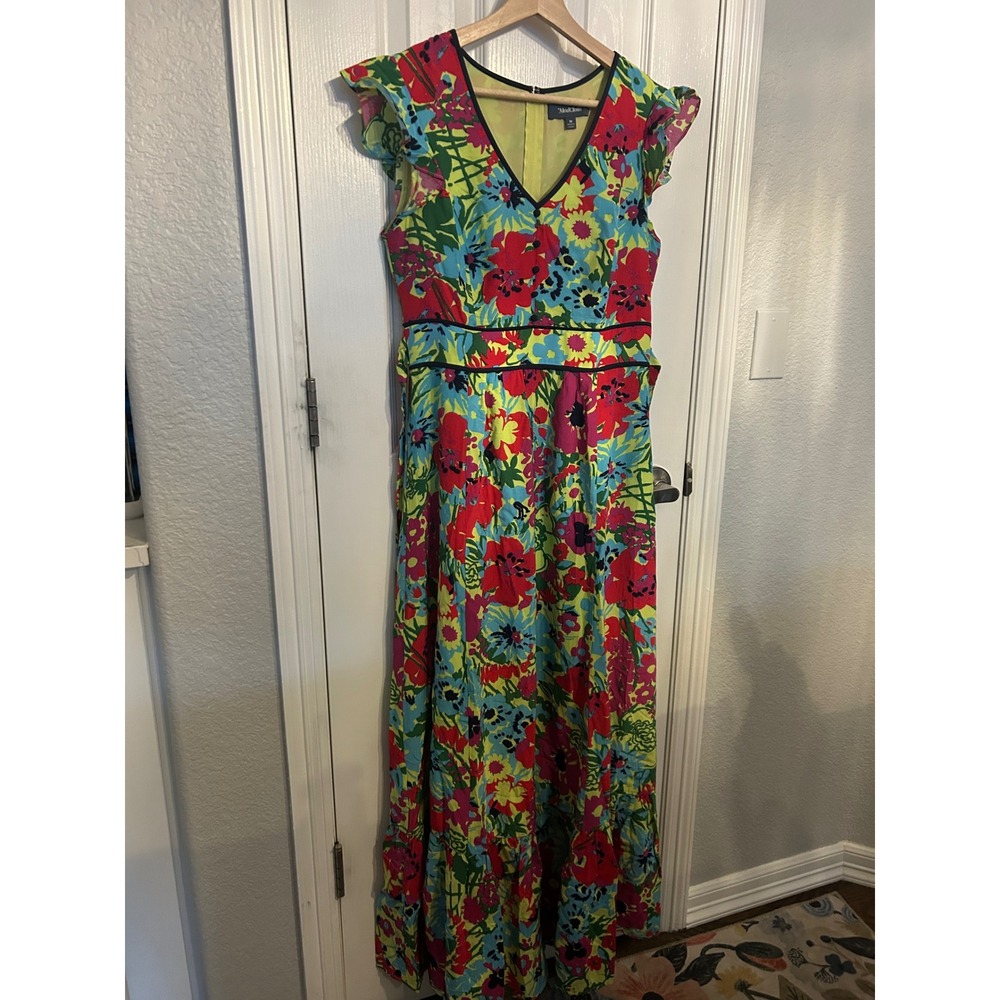 ModCloth‎ Floral Maxi Dress V-Neck Flutter Sleeve Multi-Color Rayon Size M